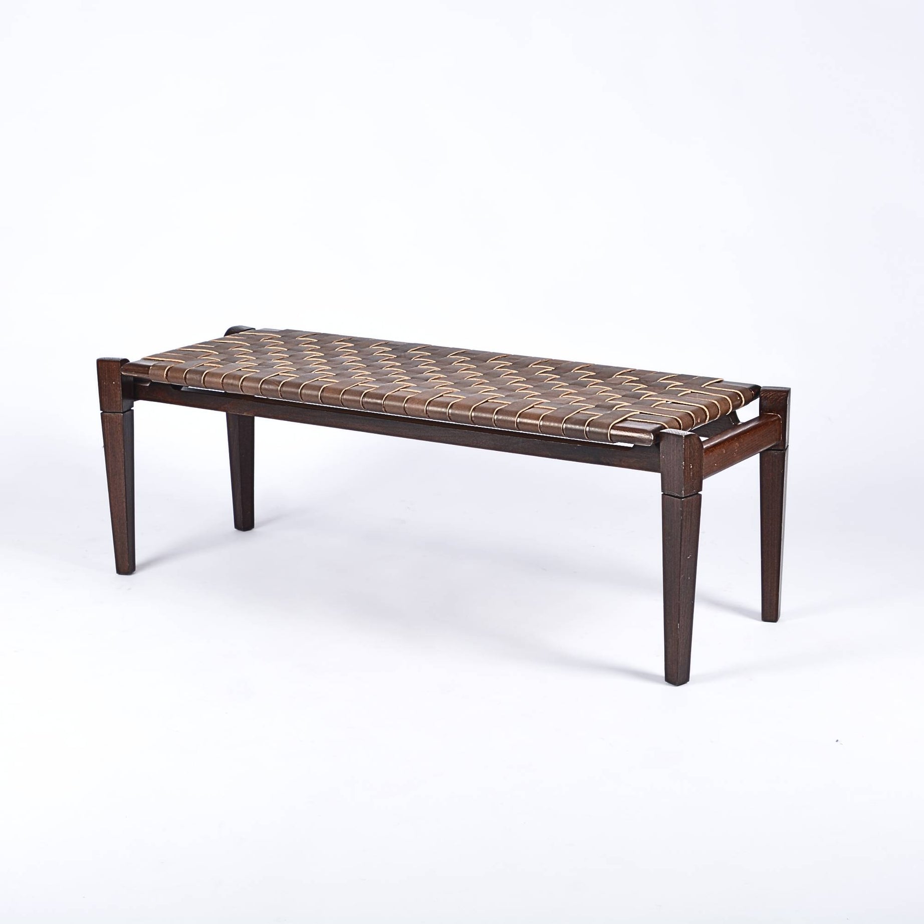 woven strap leather bench-saddle-brown