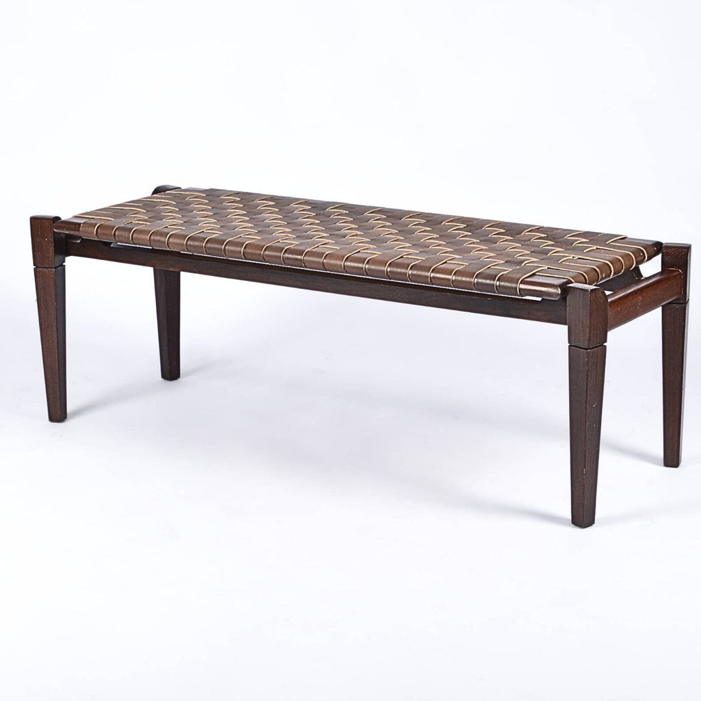 woven strap leather bench-saddle-brown