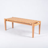 Leif Woven Leather Bench - Varnished Teak Wood With Strap Beige Leather