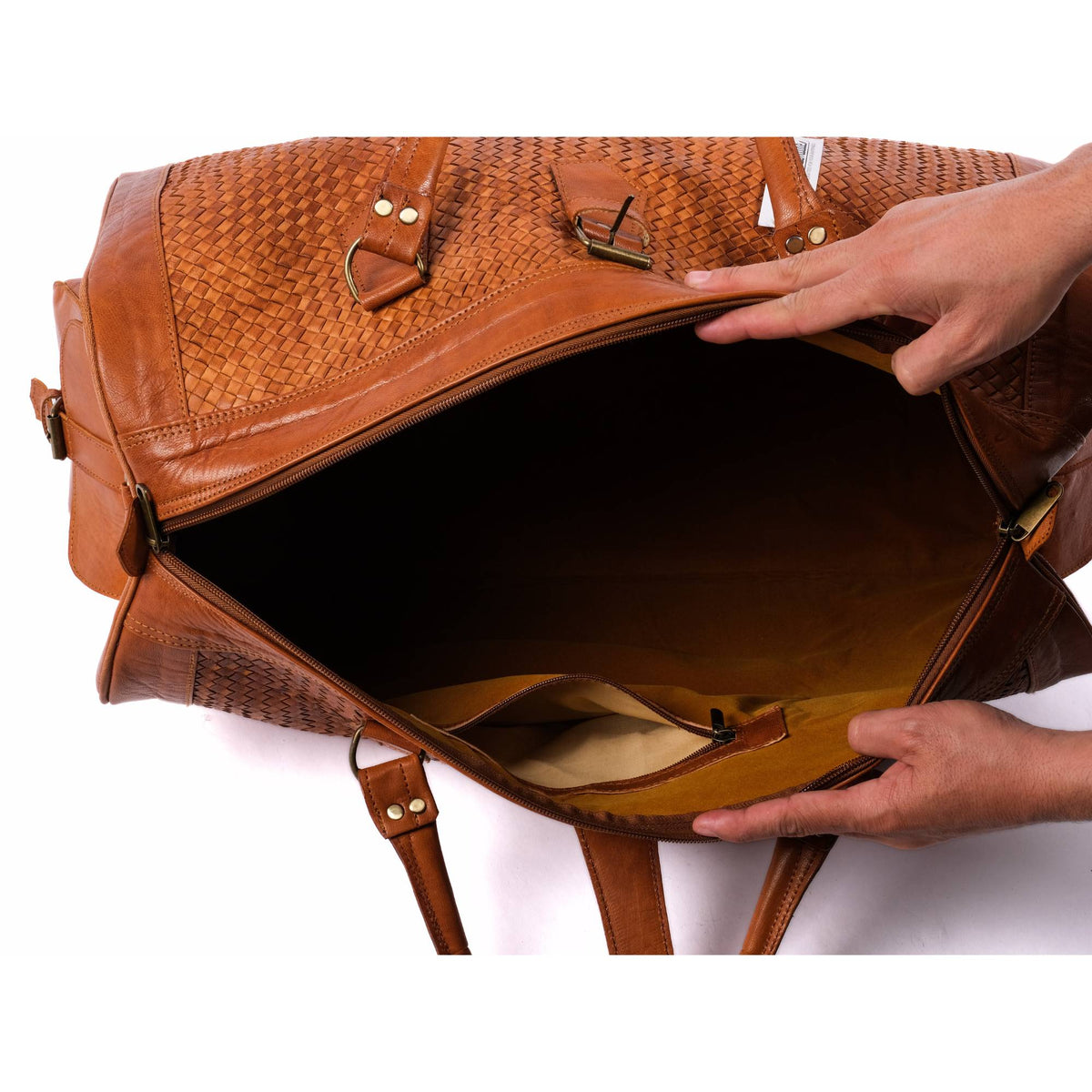 Leather Duffel Bag, Handwoven Cognac Leather, Luxury Travel Bag