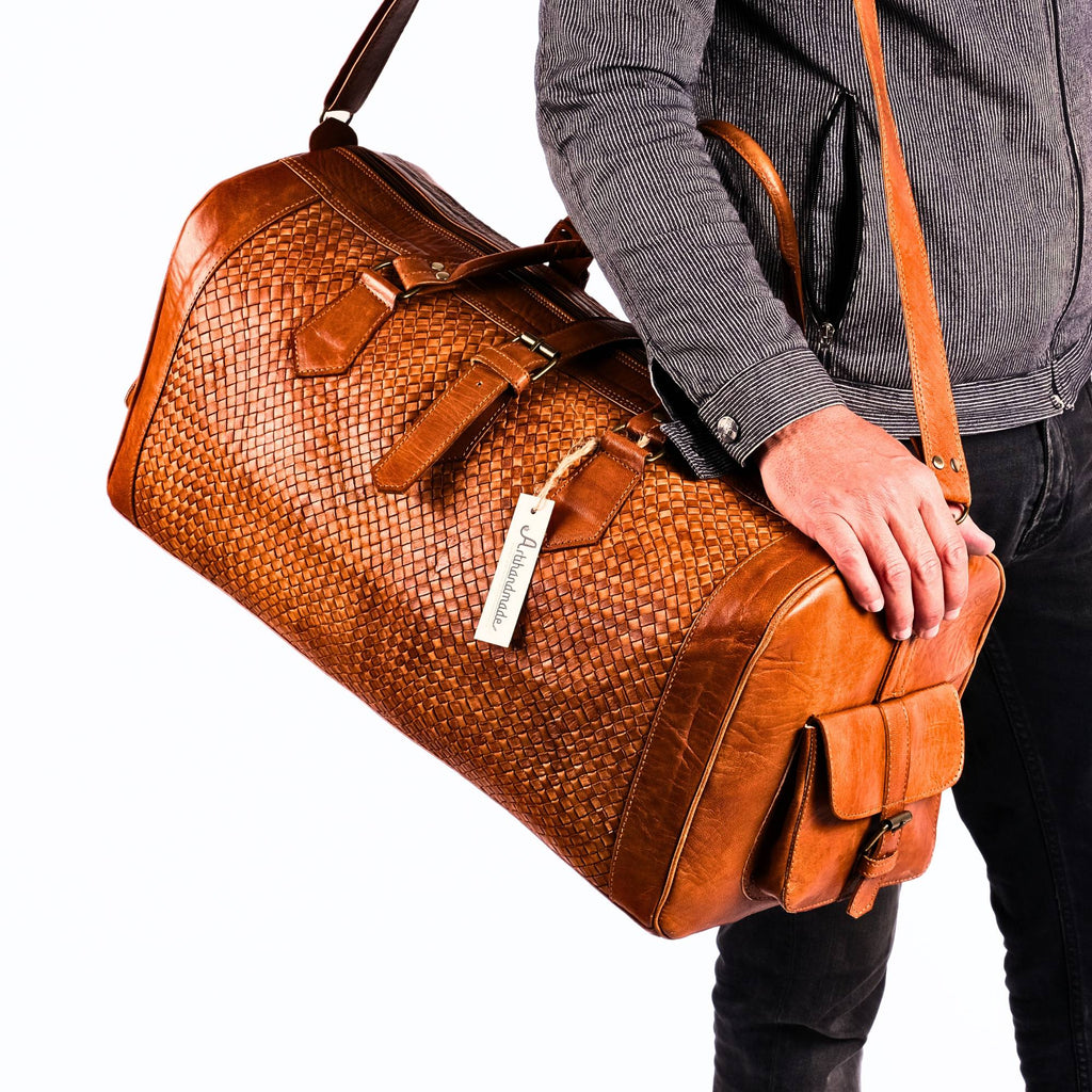 Leather Duffel Bag, Handwoven Cognac Leather, Luxury Travel Bag