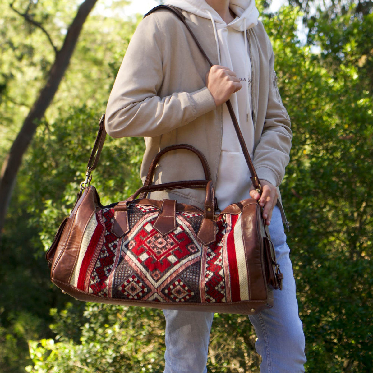 Artisan Leather Kilim Travel Duffel Bag - Unisex Brown