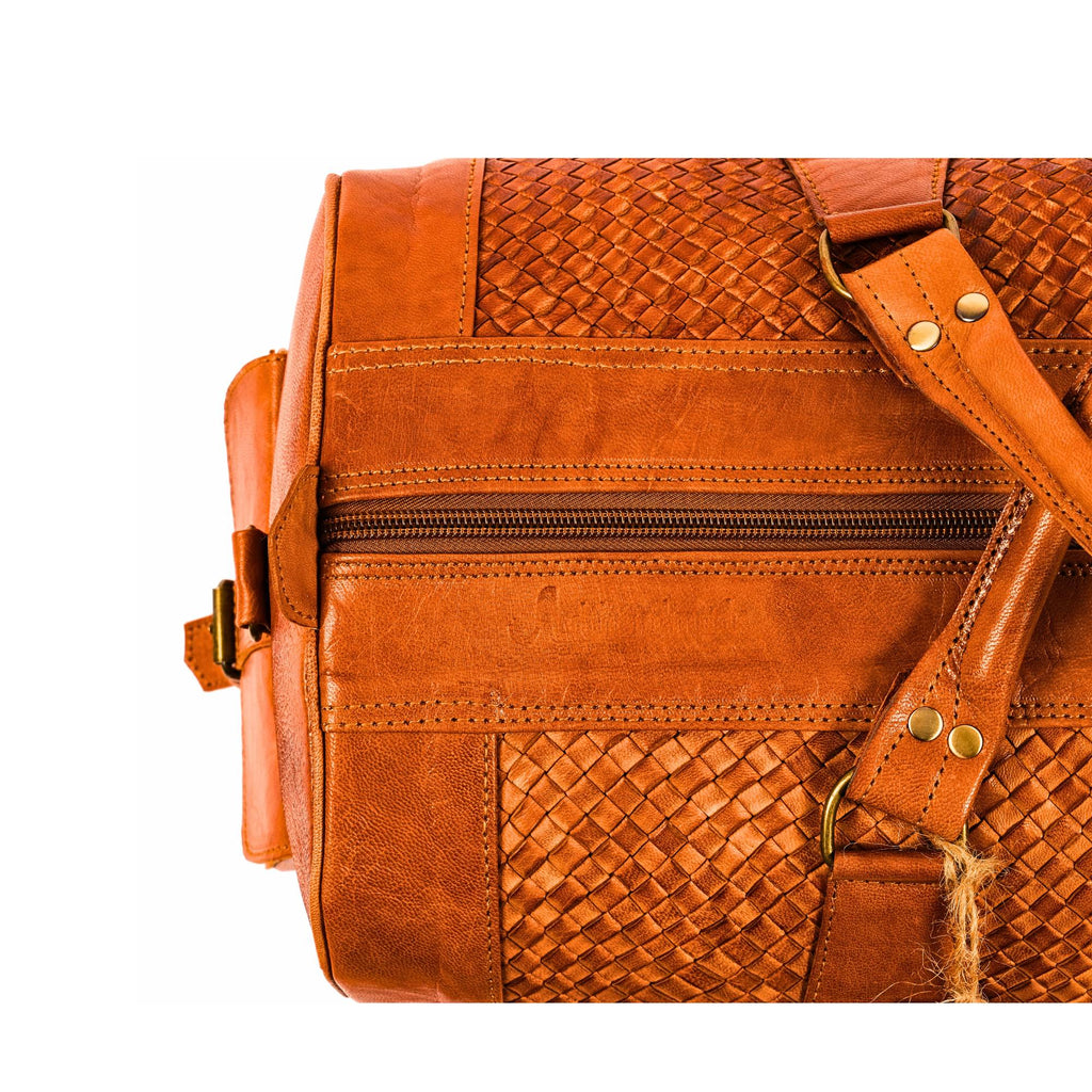 Leather Duffel Bag, Handwoven Cognac Leather, Luxury Travel Bag
