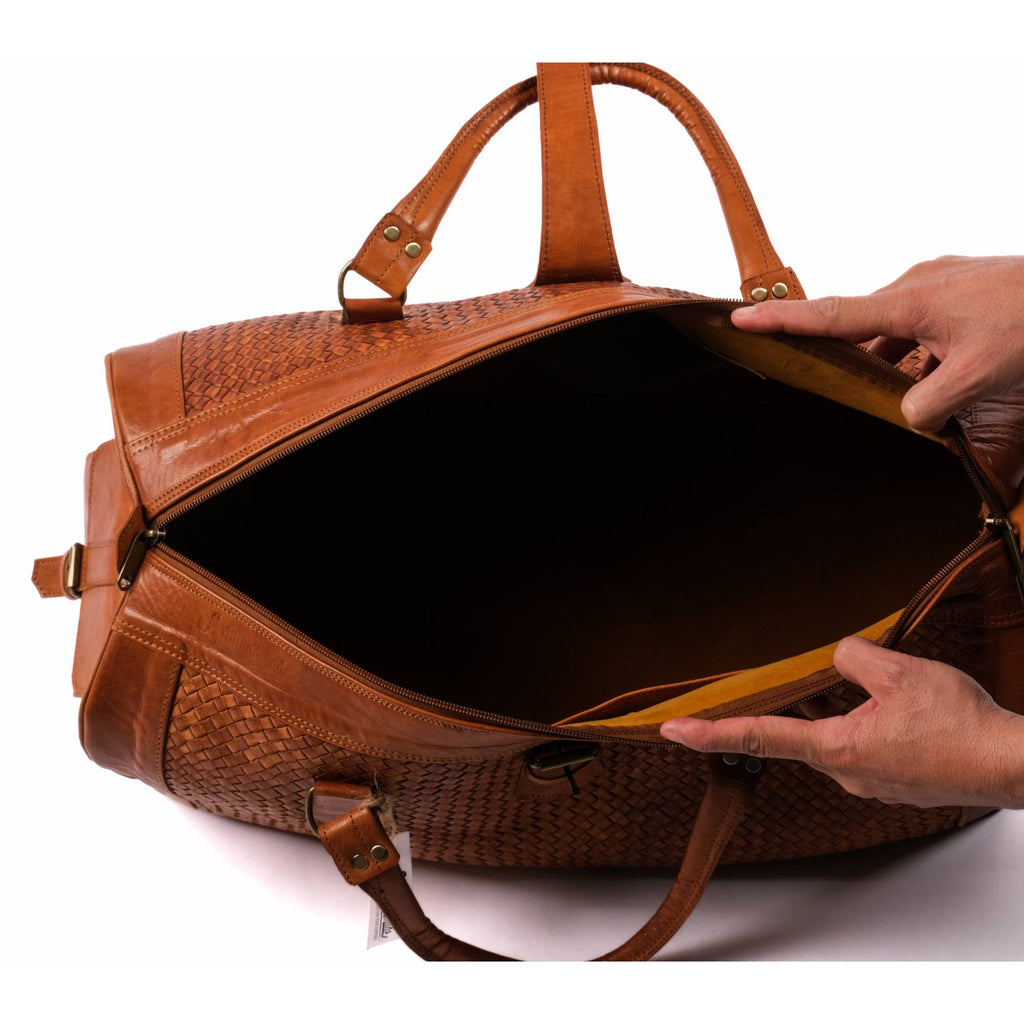 Leather Duffel Bag, Handwoven Cognac Leather, Luxury Travel Bag