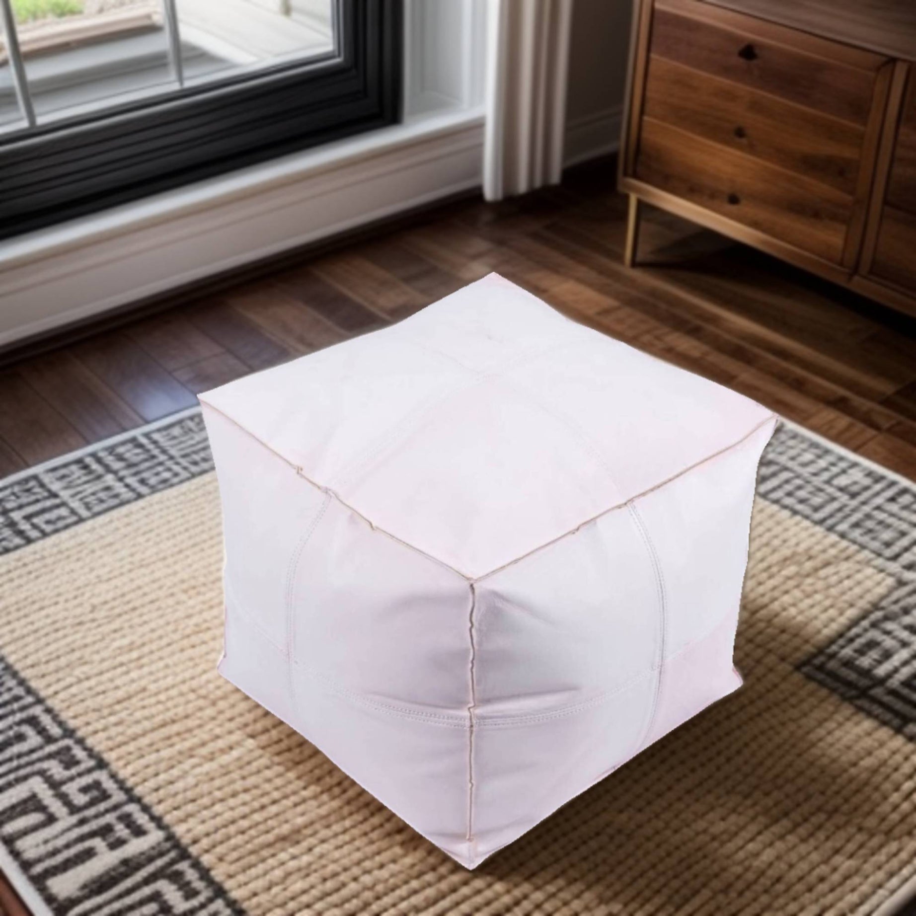 Premium Square Moroccan white Leather Pouf