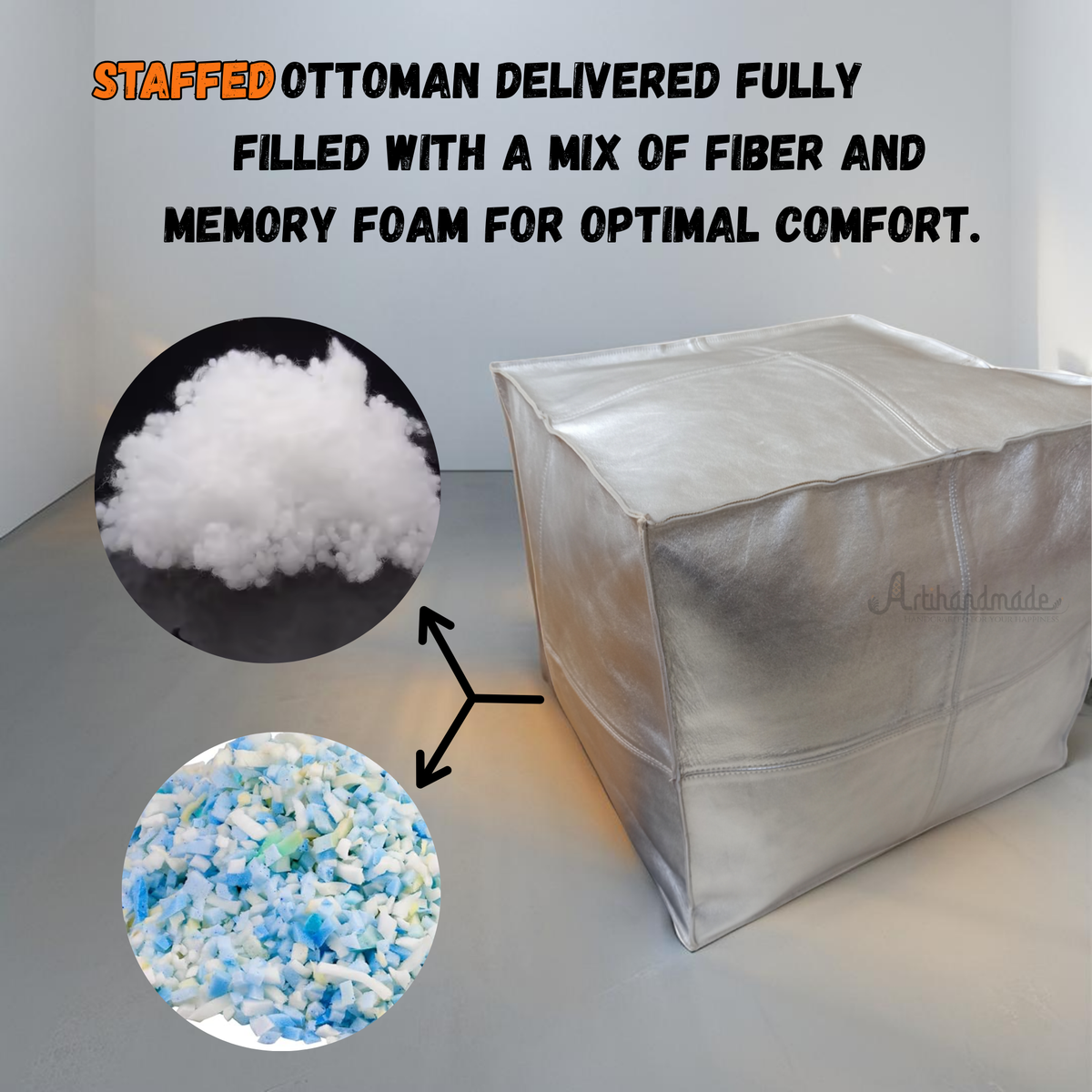 Premium Silver Pearl Leather - Square Ottoman Pouf, Handcrafted Large Ottoman, Luxury Home Decor | Luxury Footrest & Seat | Modern Design