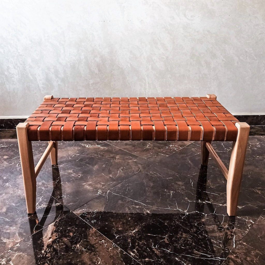 Ragnar woven leather bench Varnished Teak
