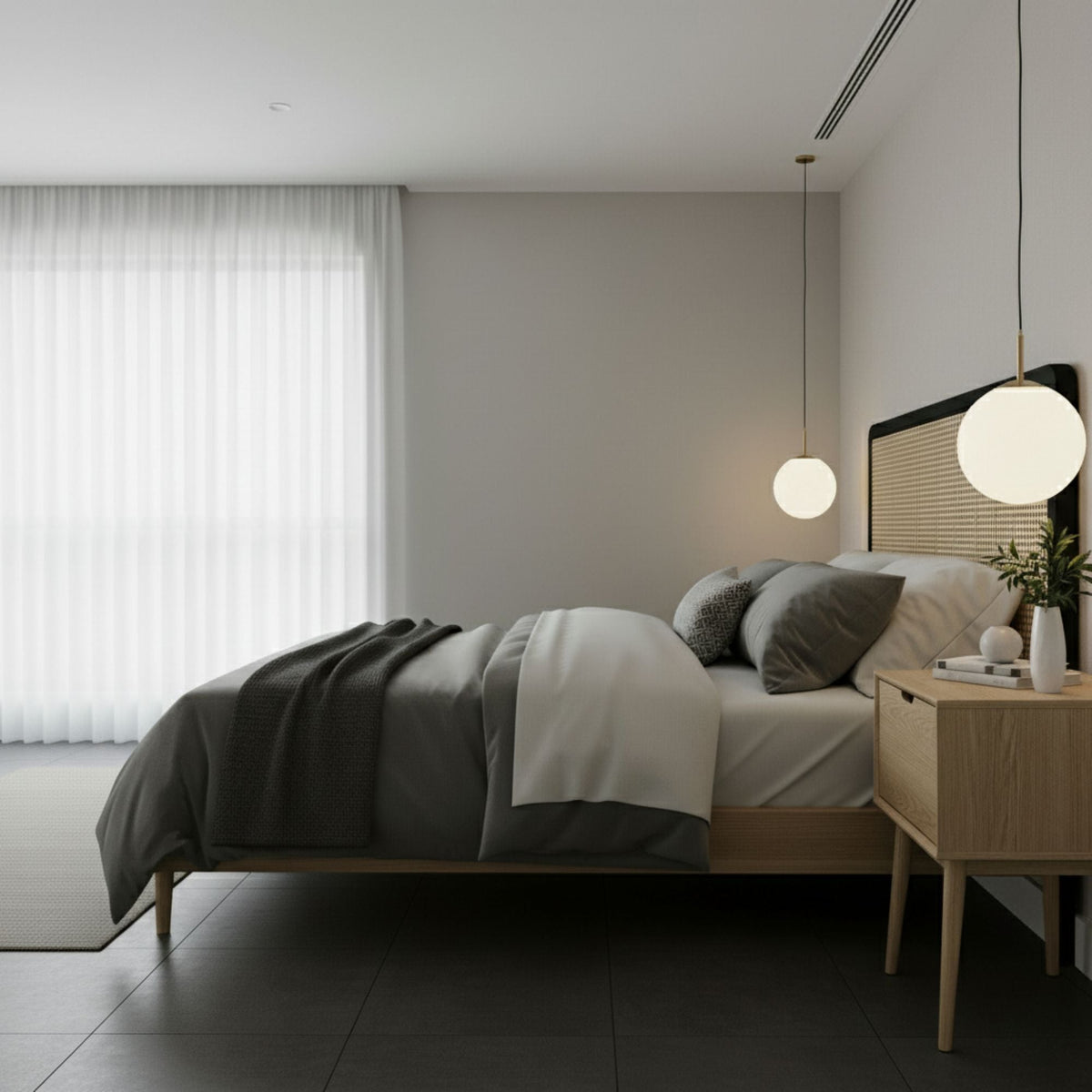 Modern bedroom with arattan headboard, nightstands, and pendant lights.