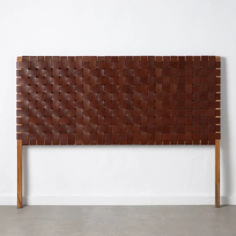 front view Detailed focus on the distressed leather texture in a Scandinavian  King Size Headboard inspired woven headboard.