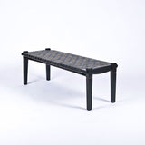 Solveig Woven Leather Bench - Black Teak Wood With Black Strap Leather