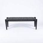 Leif Woven Leather Bench Black Teak Wood With Black Strap Leather
