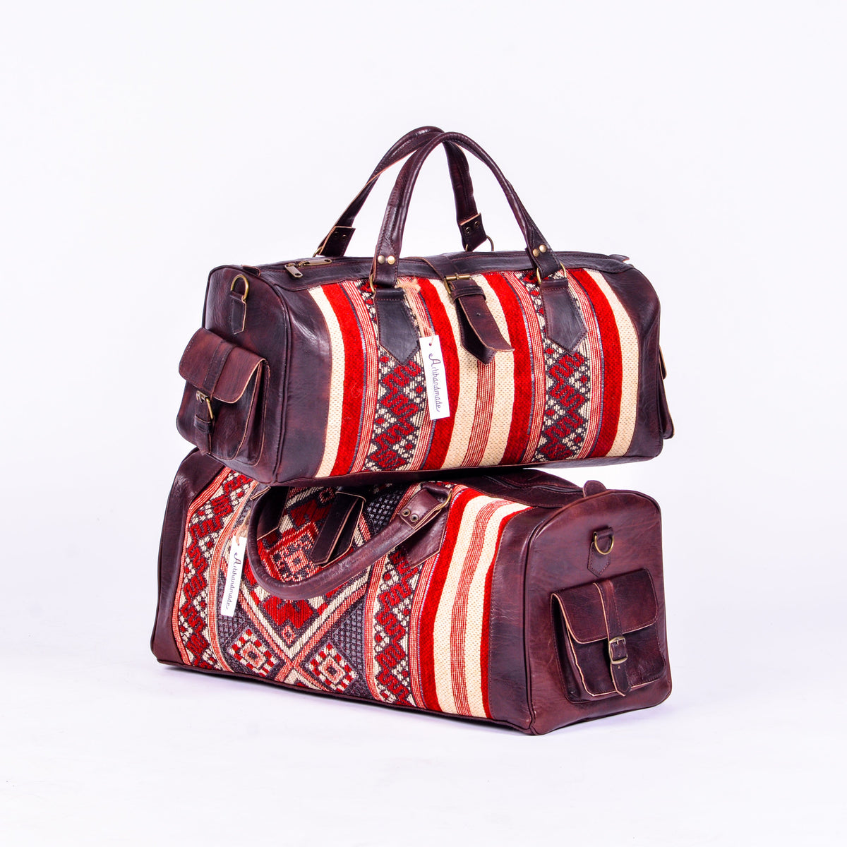 Set of 2 Kilim and Leather Duffel Bags - Large and Medium