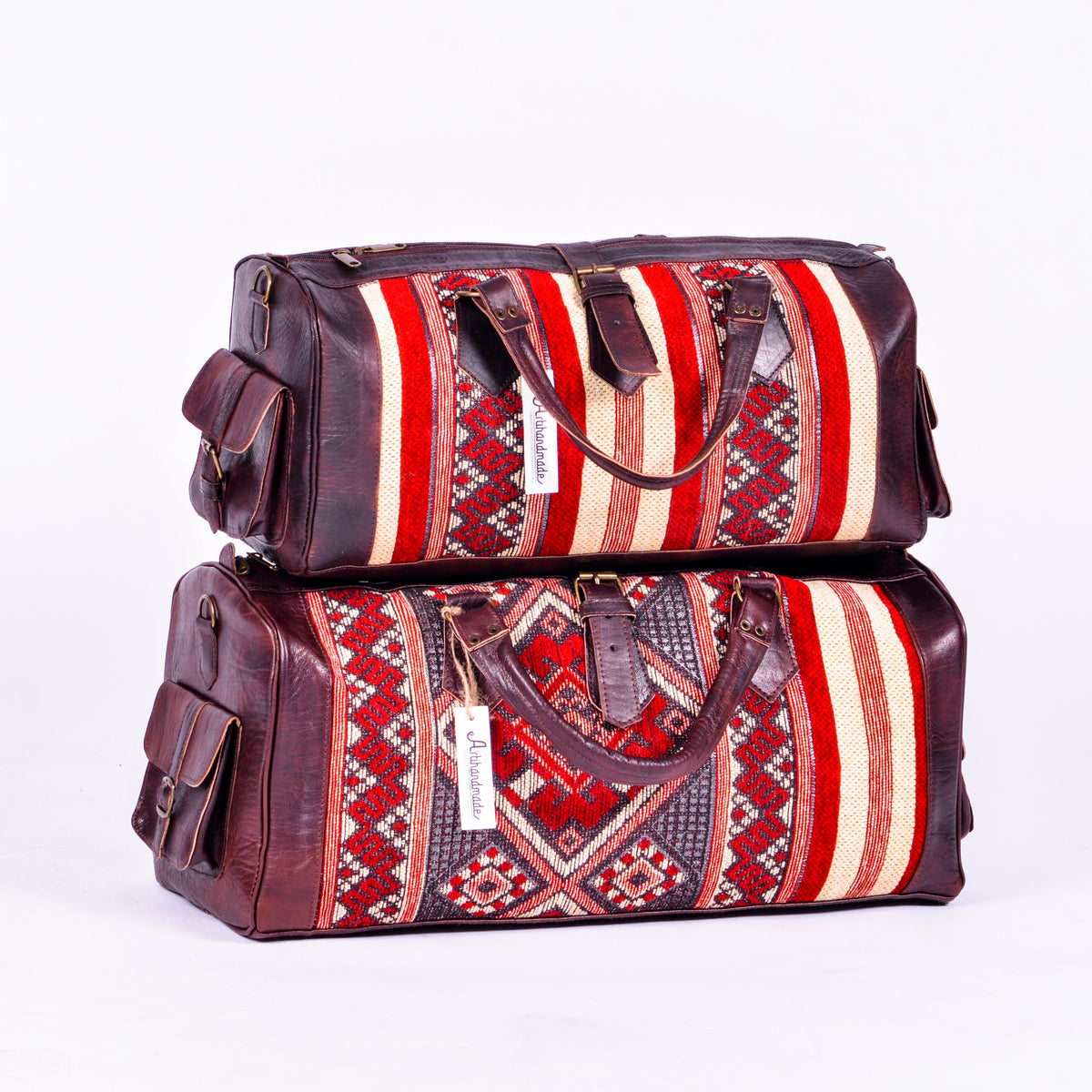 Set of 2 Kilim and Leather Duffel Bags - Large and Medium