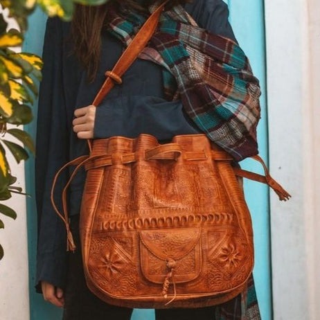 Genuine Leather Tote Bag, Vintage Hippie, Shoulder Bag, Boho Style
