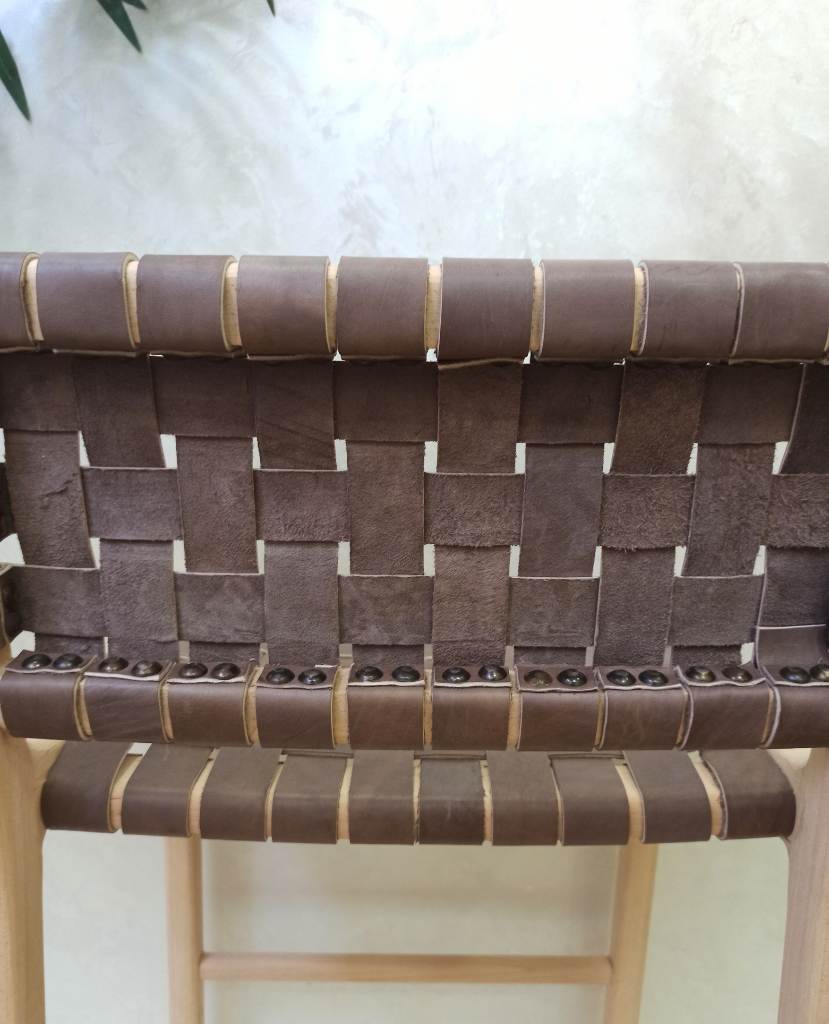 Leather Strap Counter Stool - Natural Teak Wood With Dark Brown Leather