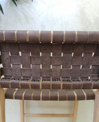 Leather Strap Counter Stool - Natural Teak Wood With Dark Brown Leather