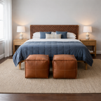 Leather Strap Headboard | Handcrafted Teak Wood with 2 Free Poufs | Queen King Cal King