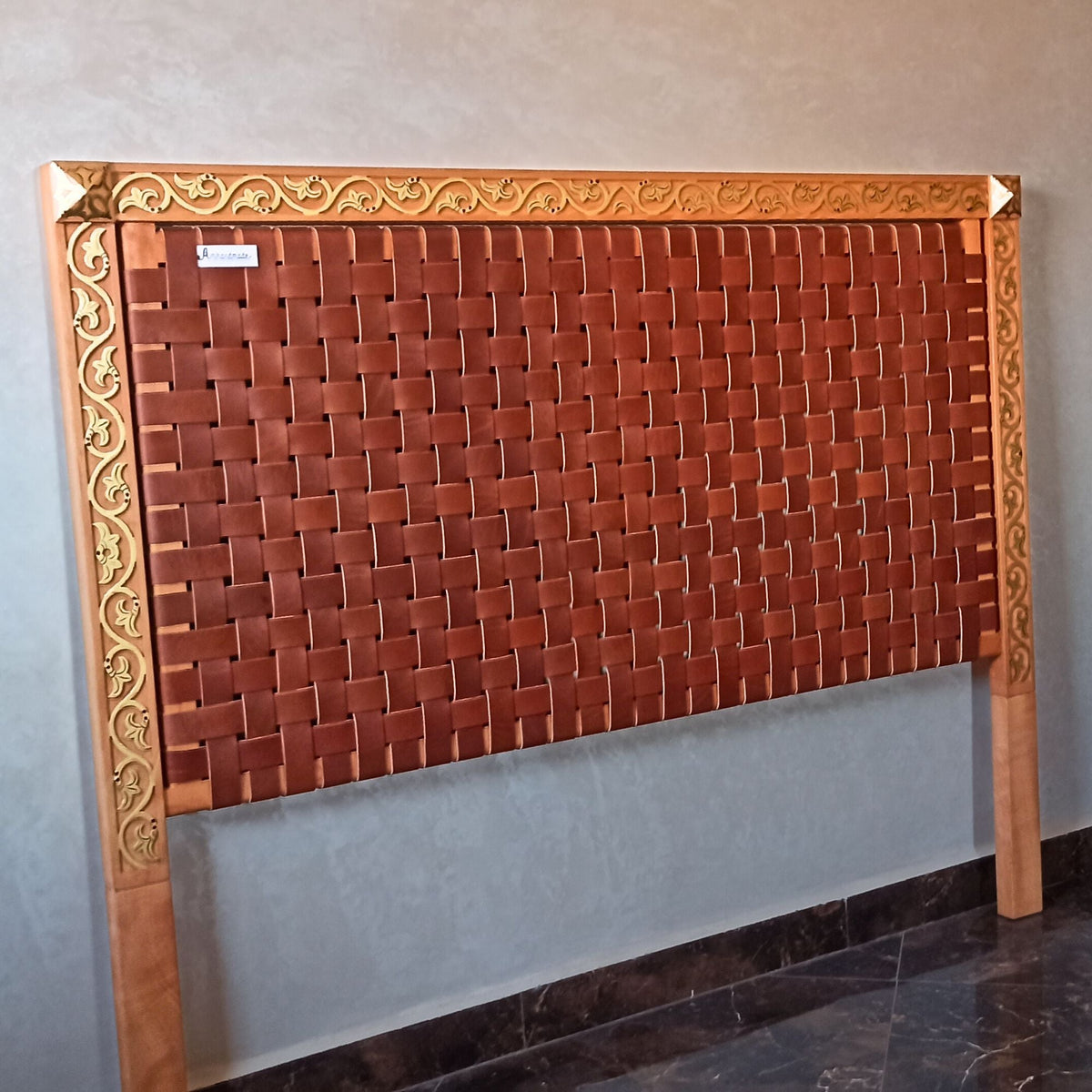 Exclusive Luxury Leather Headboard - Gold-Painted Carved Leaf Frame with Woven Leather Straps
