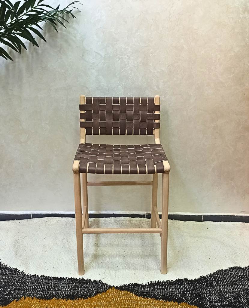 Leather Strap Counter Stool - Natural Teak Wood With Dark Brown Leather