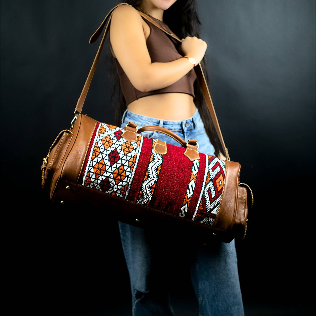 Hand Stitched Vintage Kilim Travel Leather Bag