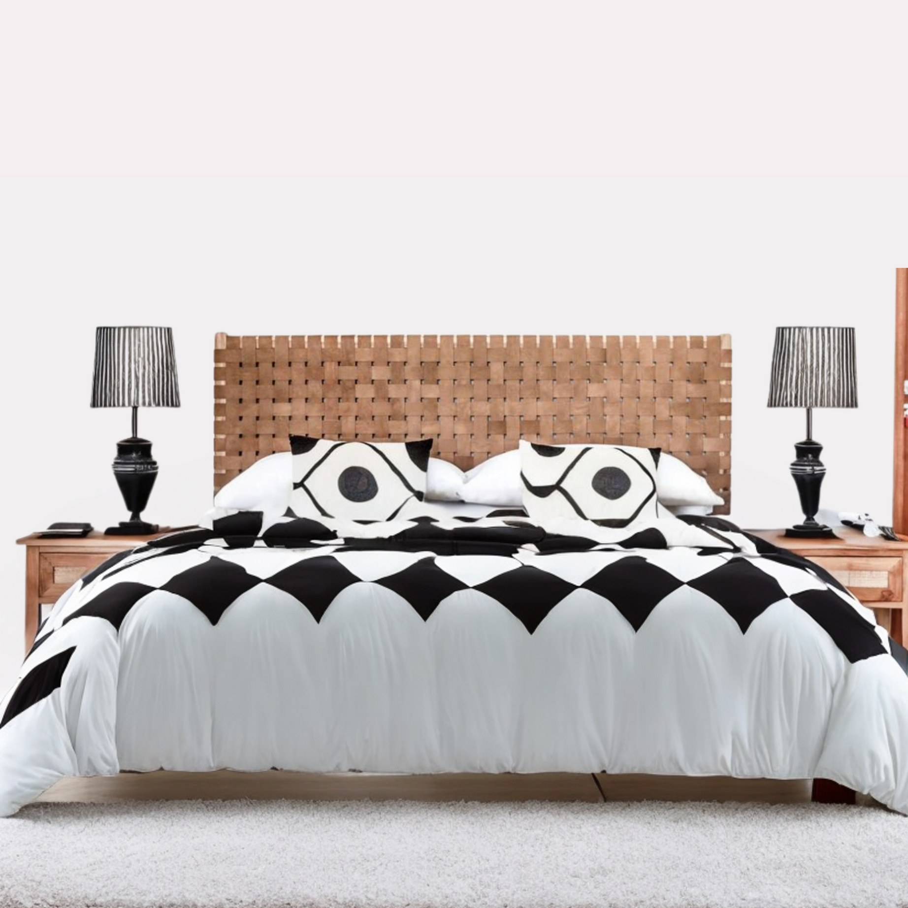 Front view of a modern strap woven leather headboard featuring a sleek queen headboard