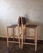 Leather Strap Counter Stool - Natural Teak Wood With Dark Brown Leather