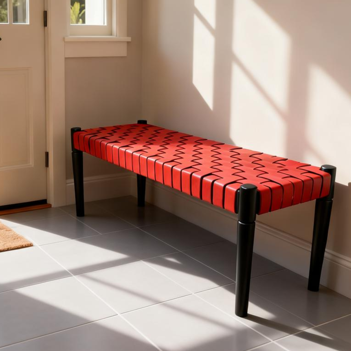 Red woven bench with black legs in a sunlit room.