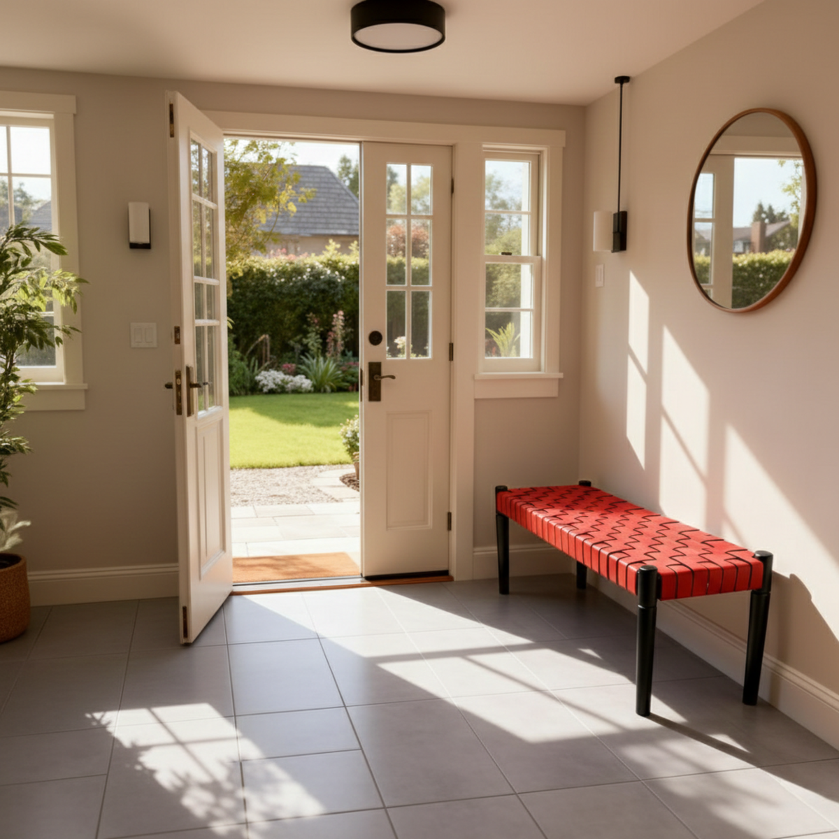 Sunlit hallway with open door leading to garden, red bench, and round mirror.