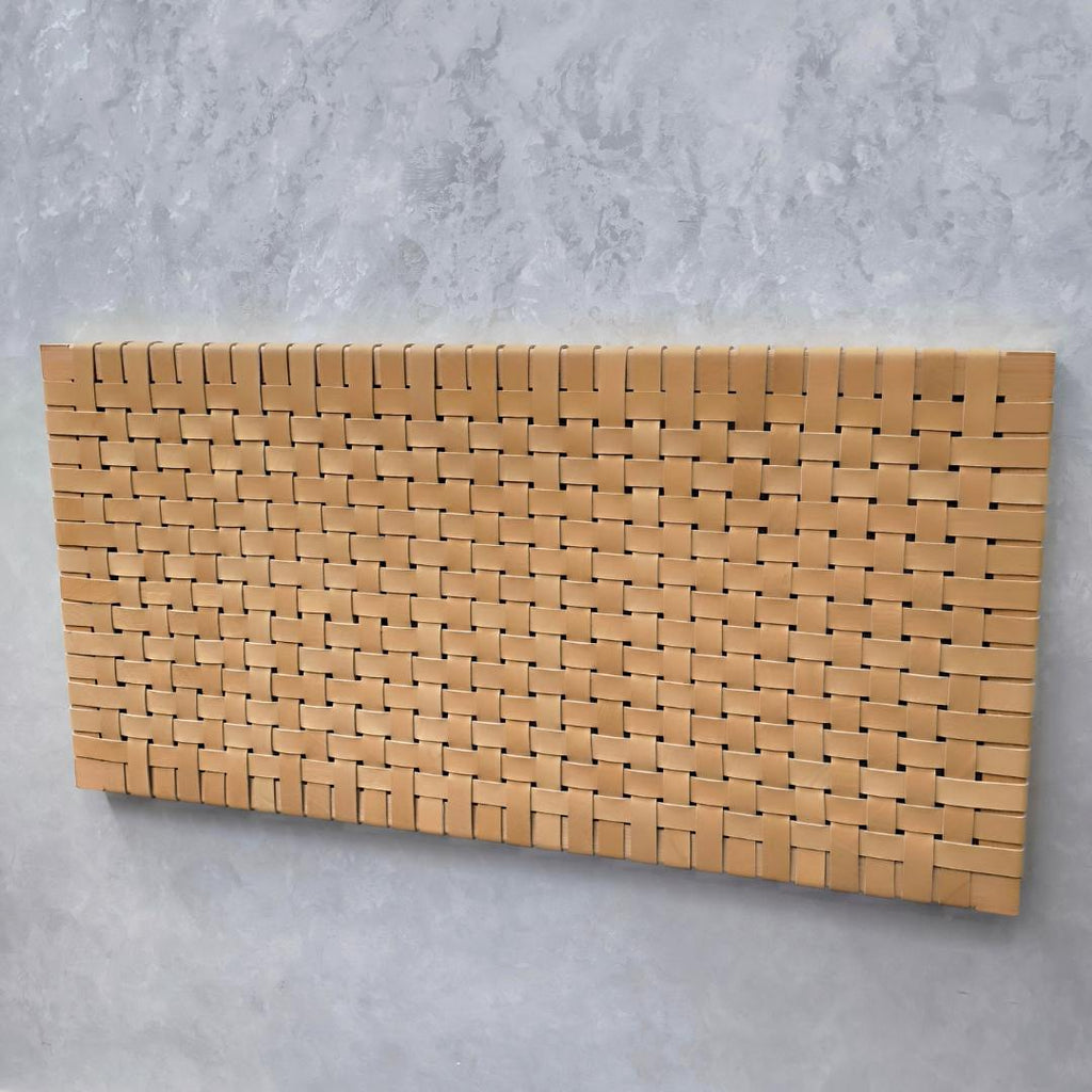 Handcrafted woven strap leather headboard, full view showcasing artisanal design and premium natural leather details.