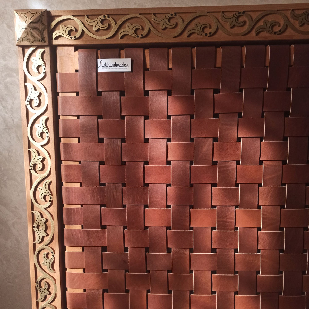 Exclusive Luxury Leather Headboard - Gold-Painted Carved Leaf Frame with Woven Leather Straps