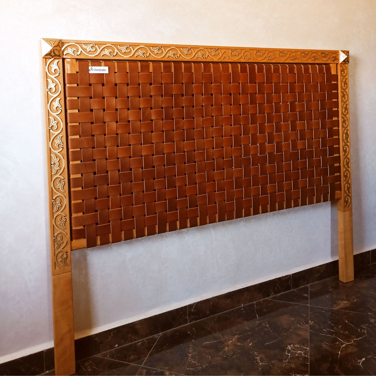 Exclusive Luxury Leather Headboard - Gold-Painted Carved Leaf Frame with Woven Leather Straps
