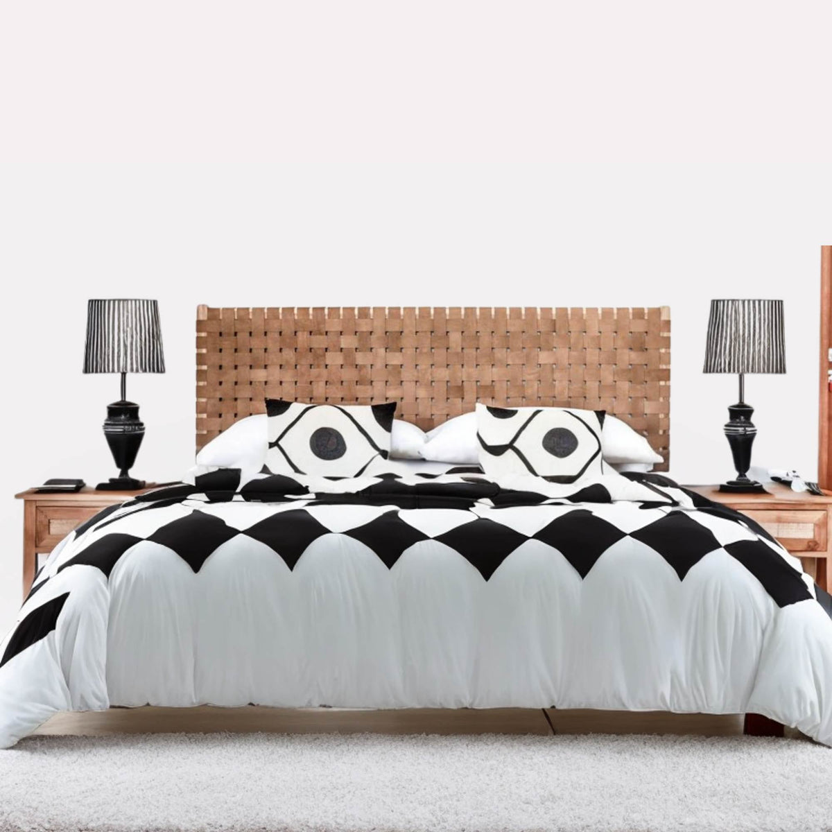 Queen leather headboard, enhancing bedroom aesthetics.