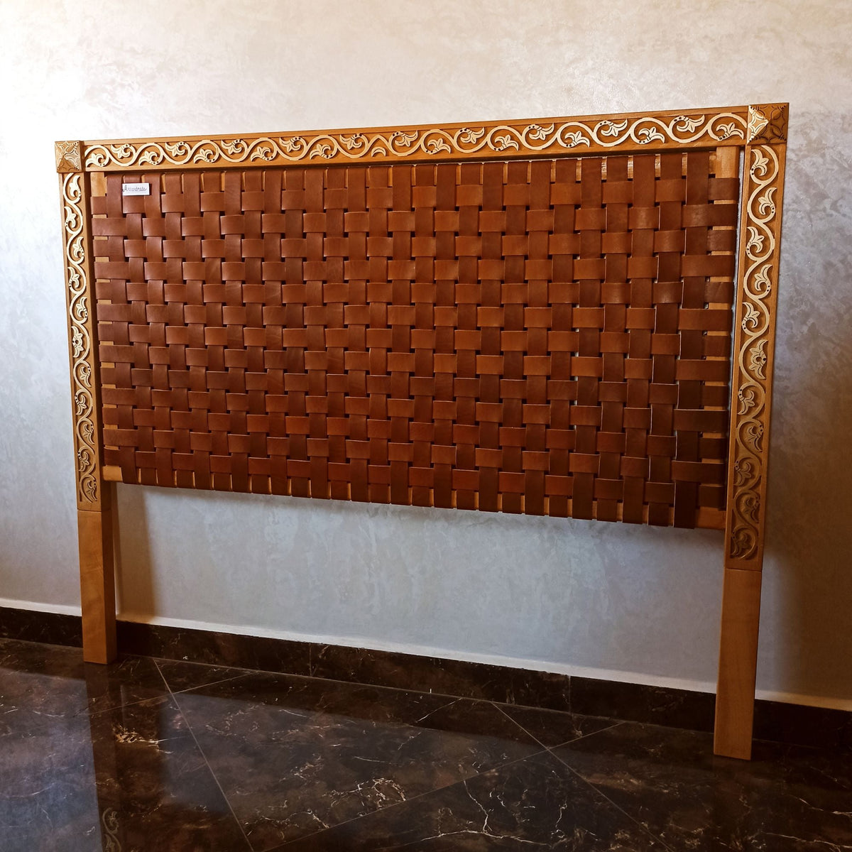 Exclusive Luxury Leather Headboard - Gold-Painted Carved Leaf Frame with Woven Leather Straps