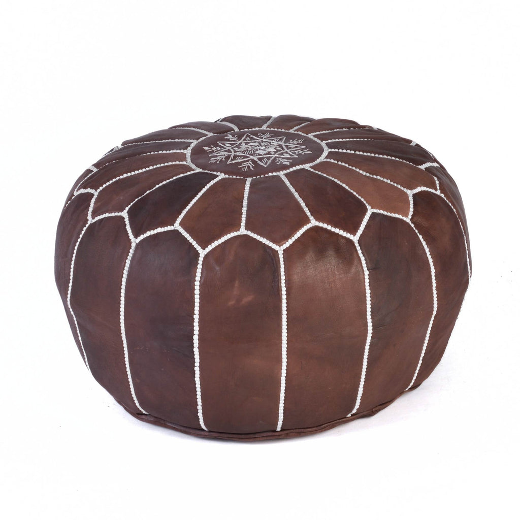 Hand-stitched Embroidery Genuine Leather Ottoman Pouf - Brown