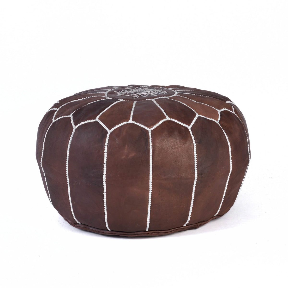 Hand-stitched Embroidery Genuine Leather Ottoman Pouf - Brown
