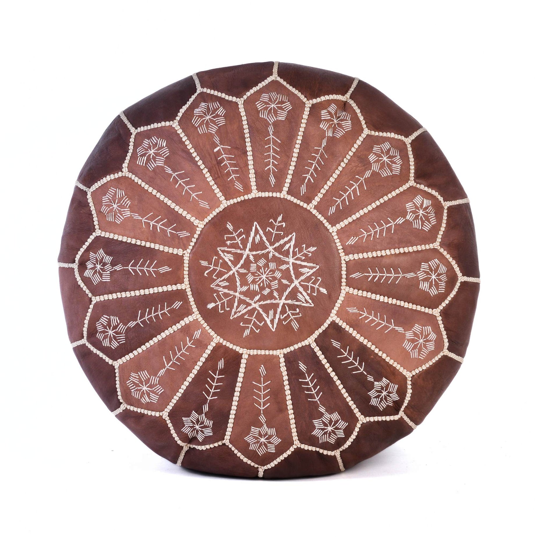 Hand-stitched Embroidery Genuine Leather Ottoman Pouf - Brown new design