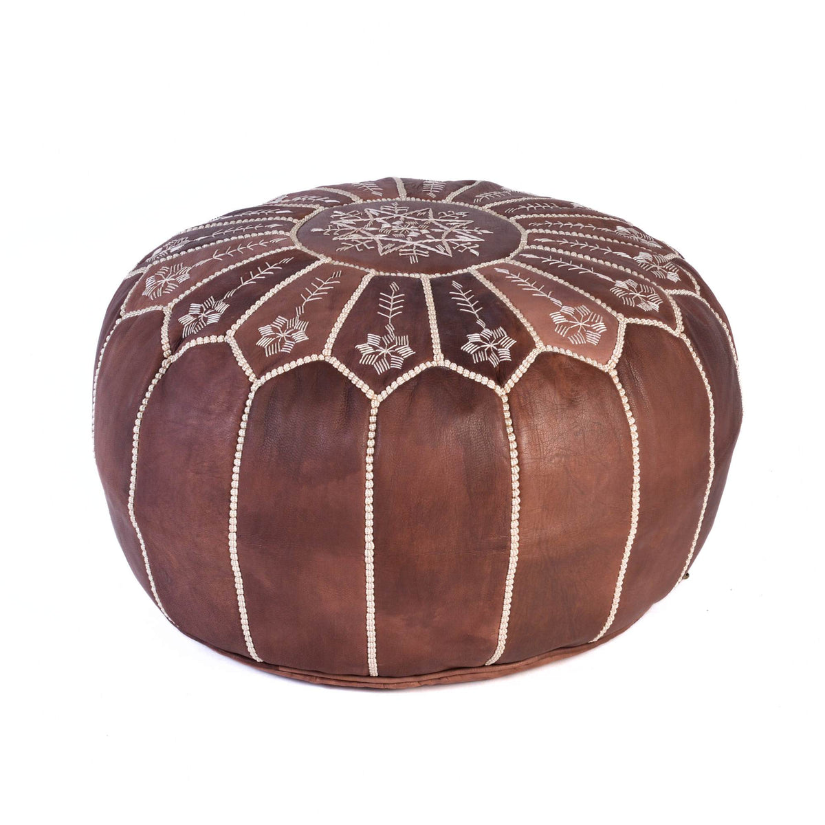 Hand-stitched Embroidery Genuine Leather Ottoman Pouf - Brown New Design