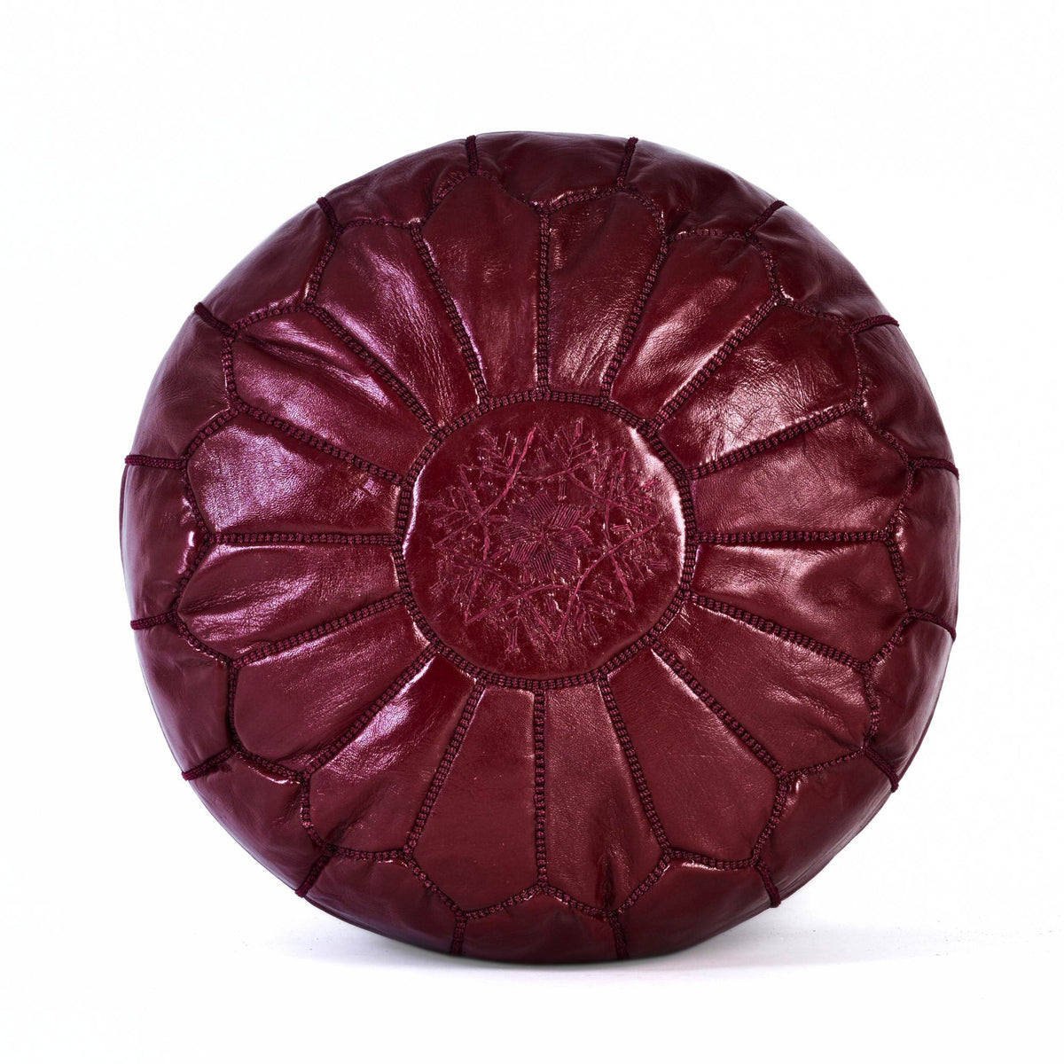 Hand-stitched Embroidery Genuine Leather Ottoman Pouf - Burgundy