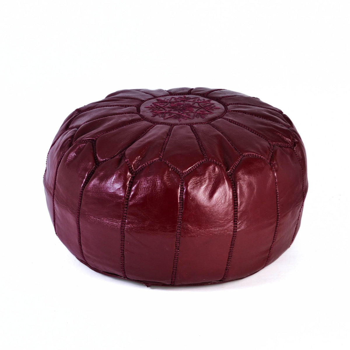 Hand-stitched Embroidery Genuine Leather Ottoman Pouf - Burgundy
