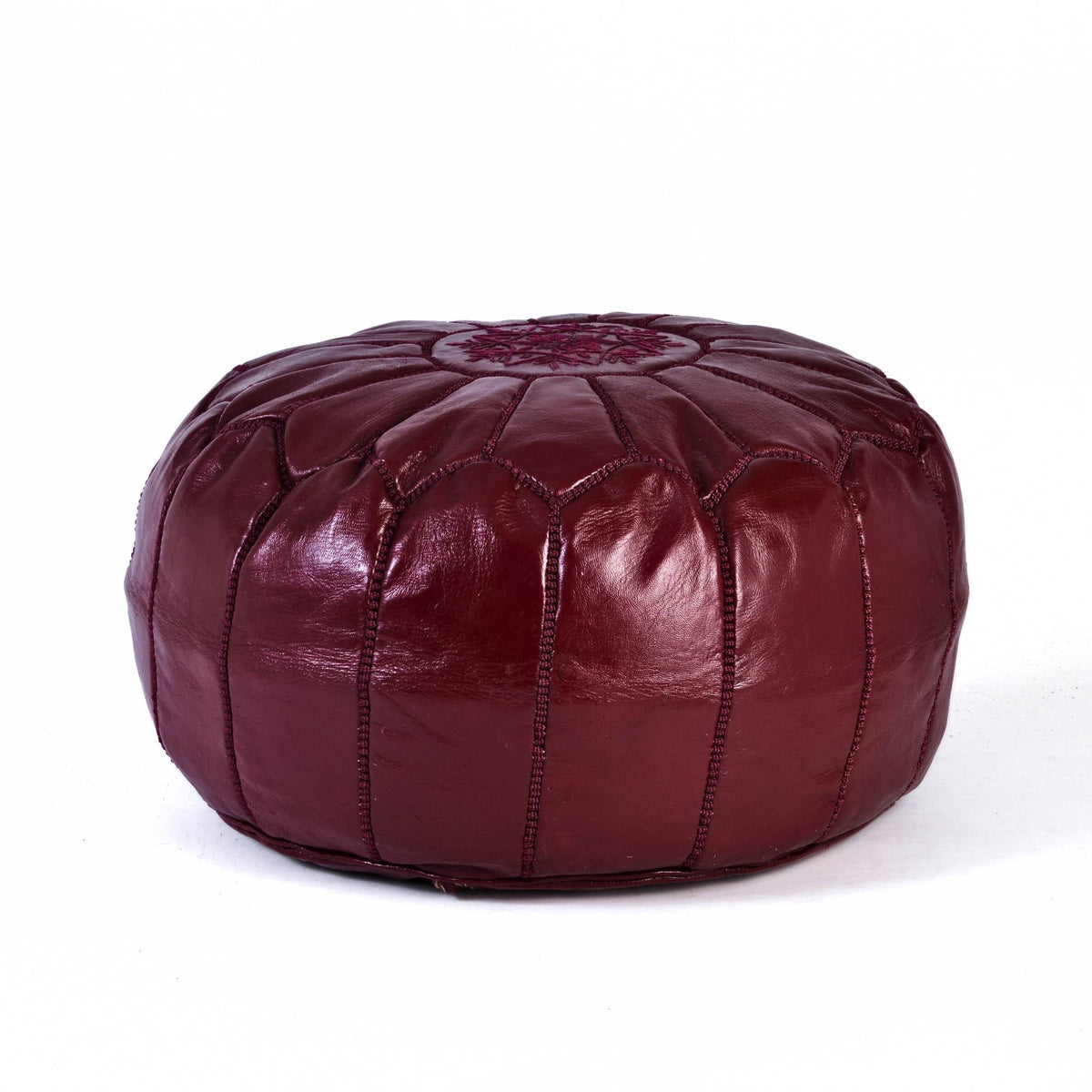 Hand-stitched Embroidery Genuine Leather Ottoman Pouf - Burgundy