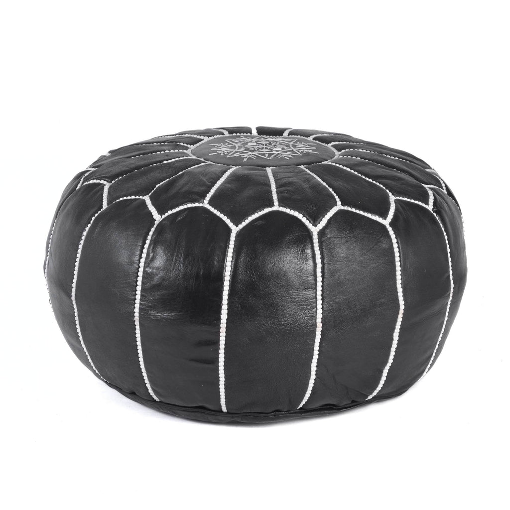 Hand-stitched Embroidery Genuine Leather Ottoman Pouf - Black