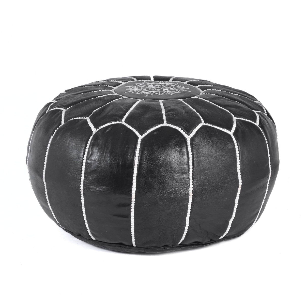 Hand-stitched Embroidery Genuine Leather Ottoman Pouf - Black