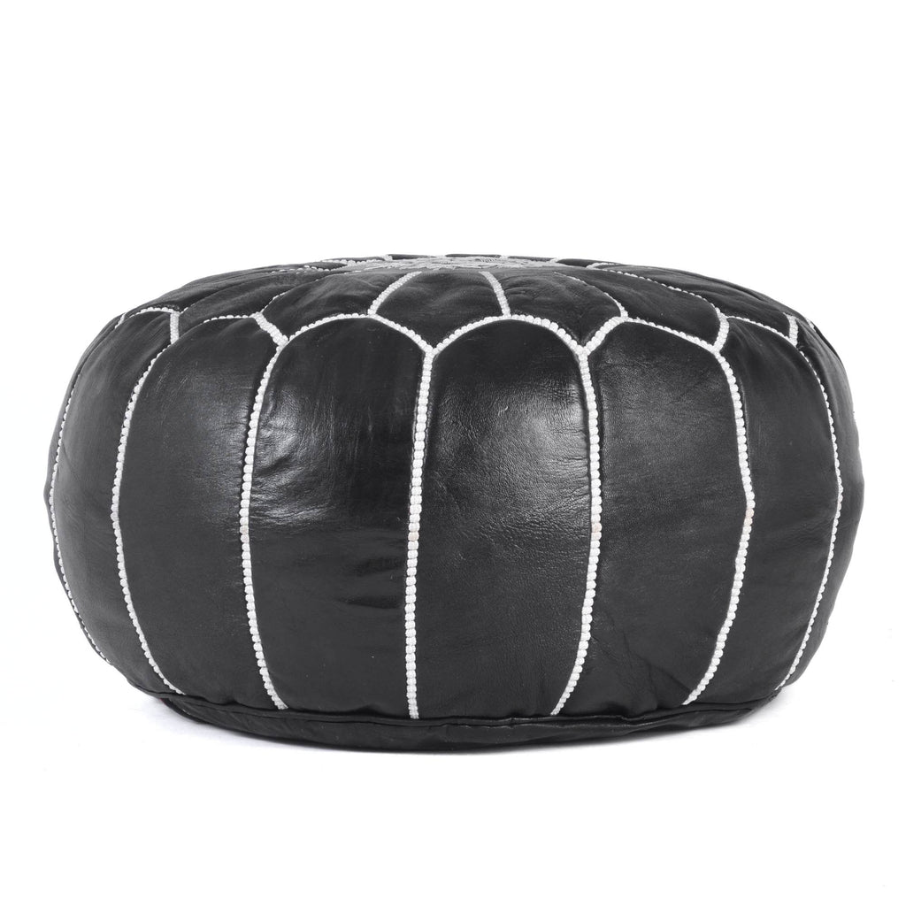 Hand-stitched Embroidery Genuine Leather Ottoman Pouf - Black