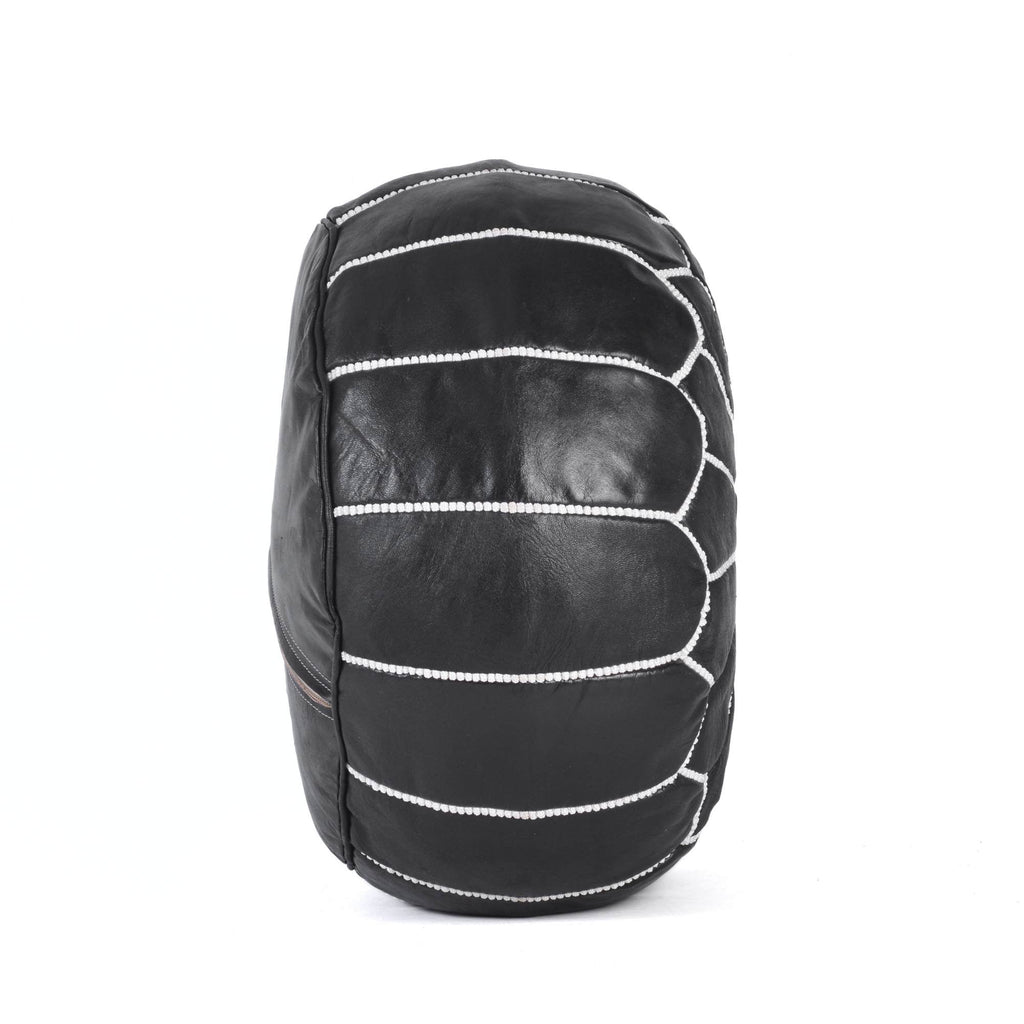 Hand-stitched Embroidery Genuine Leather Ottoman Pouf - Black