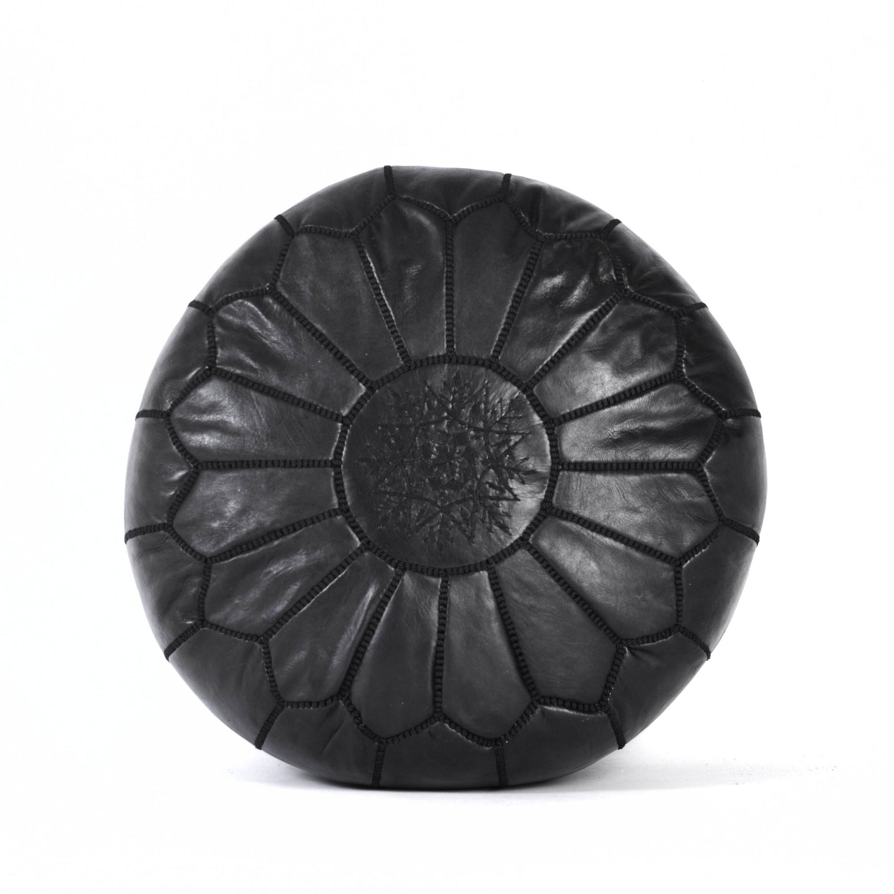 Hand-stitched Embroidery Genuine Leather Ottoman Pouf - Black 2