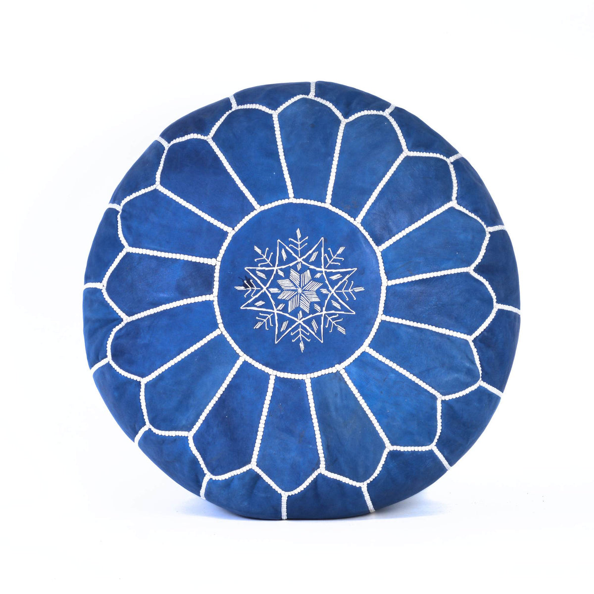 Hand-stitched Embroidery Genuine Leather Ottoman Pouf - Blue Jeans