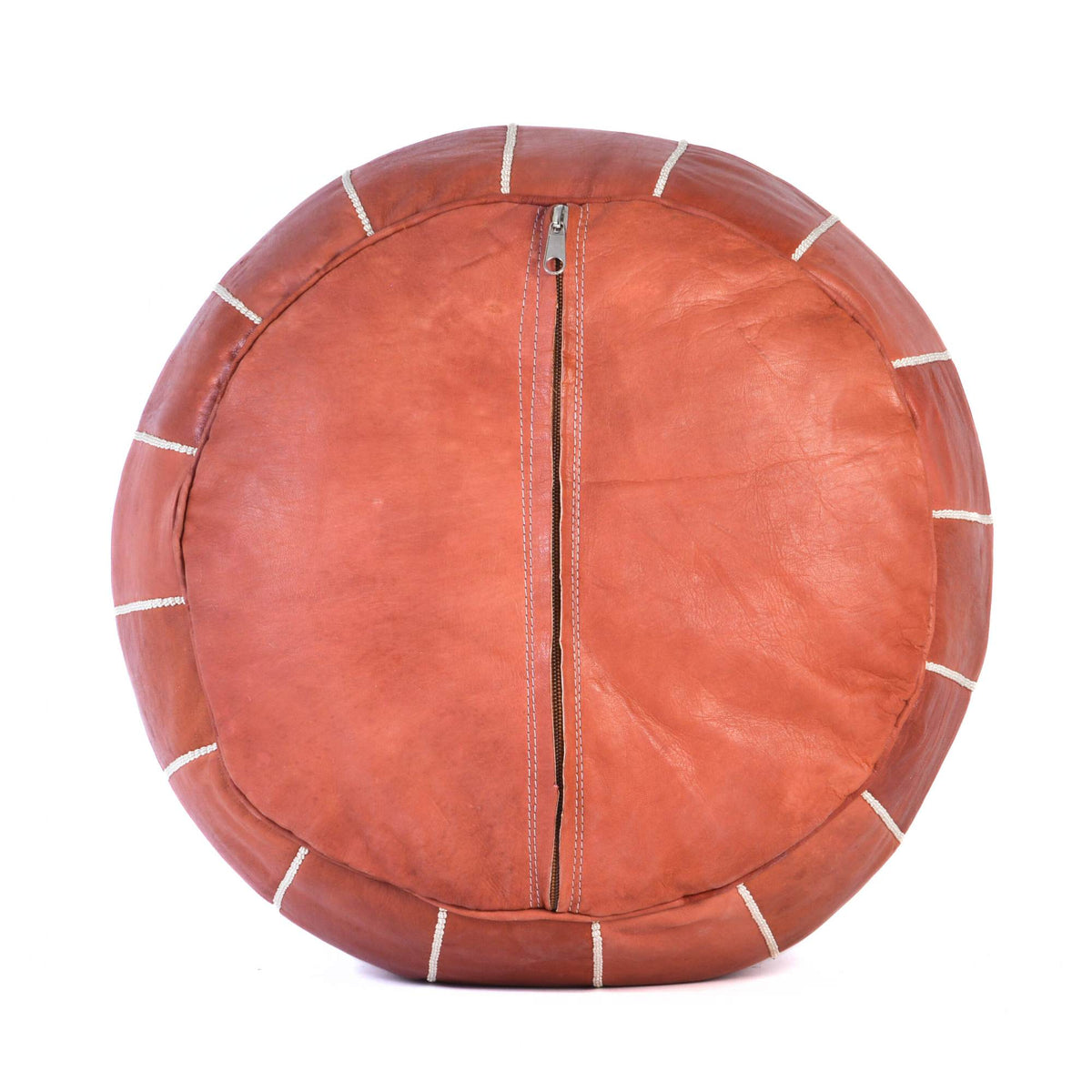 Hand-stitched Embroidery Genuine Leather Ottoman Pouf - Almond Brown