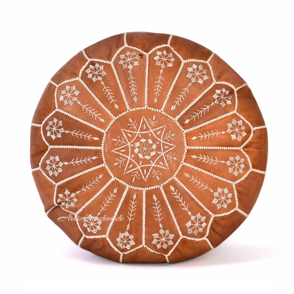 Hand-stitched Embroidery Genuine Leather Ottoman Pouf - Cognac New Design