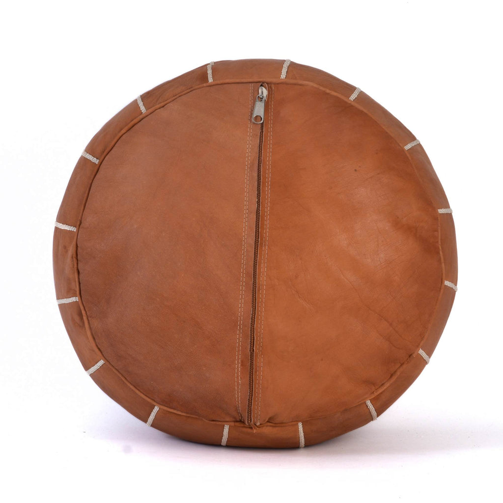 Hand-stitched Embroidery Genuine Leather Ottoman Pouf - Cognac New Design