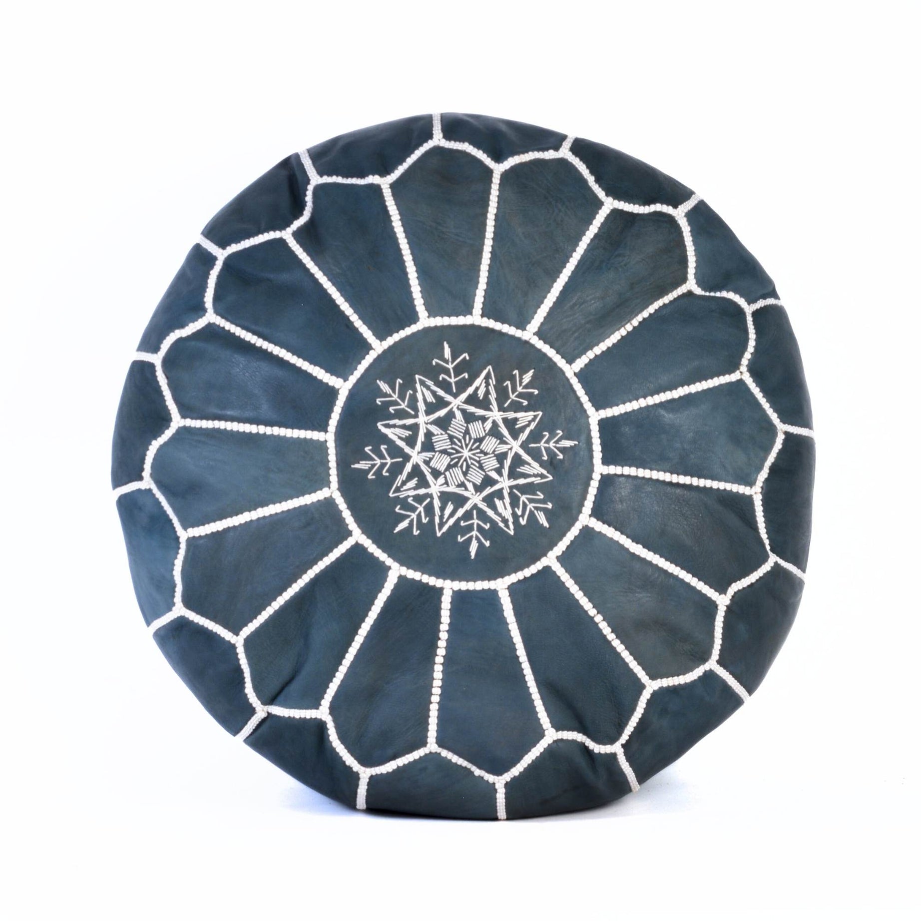 Hand-stitched Embroidery Genuine Leather Ottoman Pouf - Dark Blue